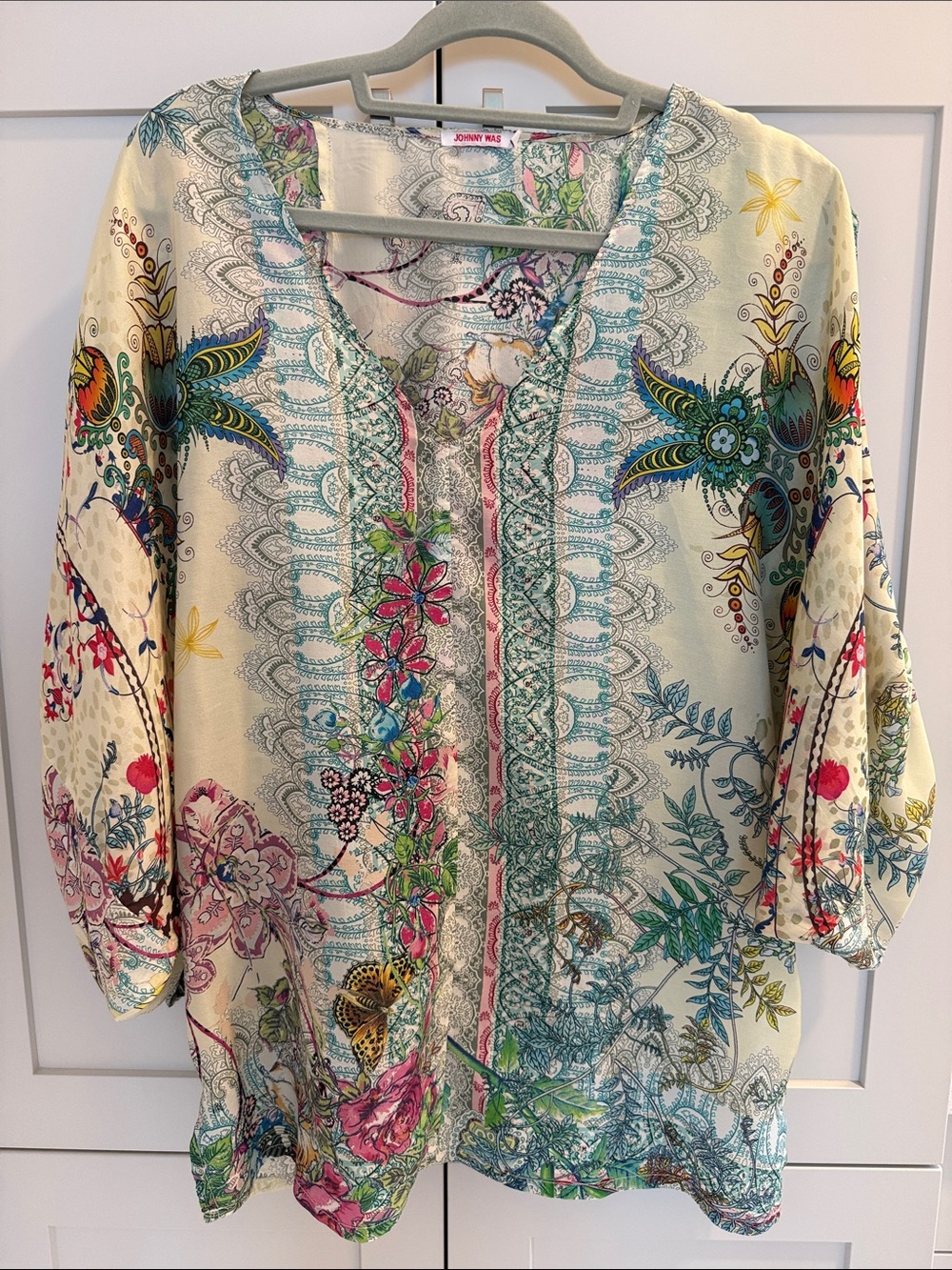 Johnny Was Silk Blouse with Multicolor Floral Design
